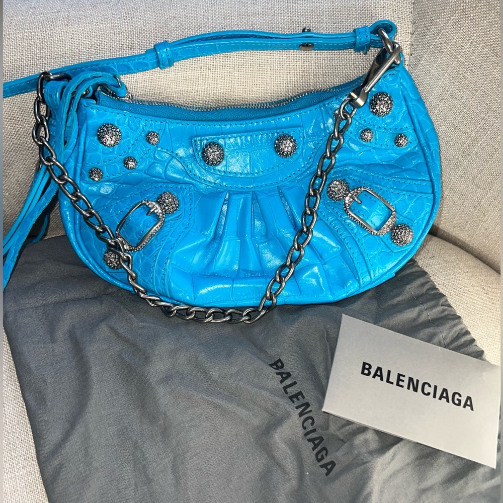 BALENCIAGA Rhinestone Embellished Blue Mini Le Cagole Leather Crossbody Bag